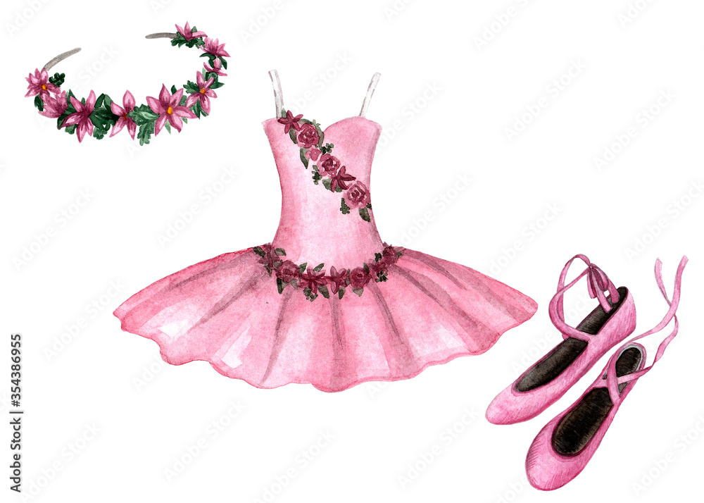 Watercolor illustration set of cute pink ballerina girls outfits, ballet shoes and flowers.