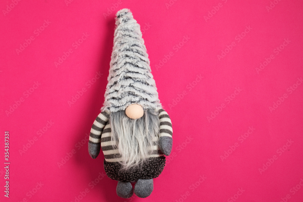 Bearded gnome, silver beard elf standing on magenta background