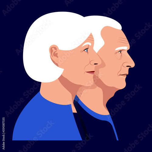 Aged man and woman couple profile portrait on dark blue background. Vector Illustration.