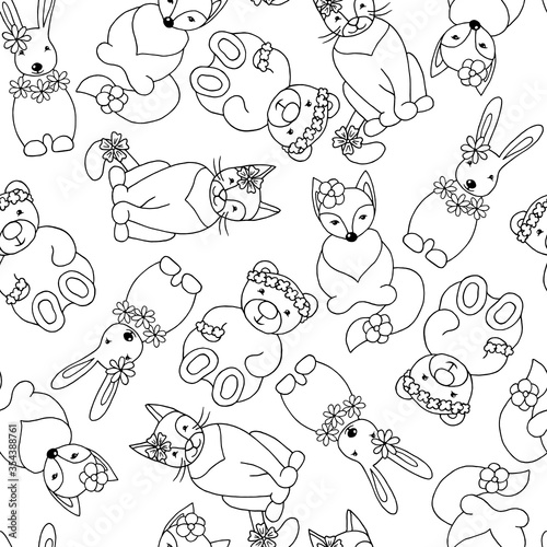 Wallpaper Mural Seamless pattern with hand-drawn funny animalst, coloring page Torontodigital.ca