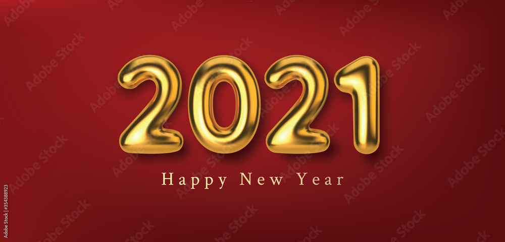 Happy New Year 2021. 3D realistic illustration golden metallic numbers inscription . Abstract gold metallic text for banner design. Vector horizontal red background