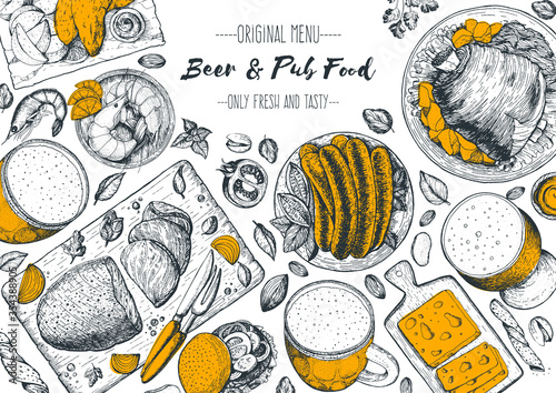Pub food and beer vector illustration. Beer, meat, fast food and snacks hand drawn. Food set for pub menu design, top view. Vintage engraved illustration for beer restaurant.