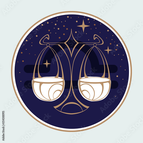Modern magic witchcraft card with astrology Libra zodiac sign. Scales logo design