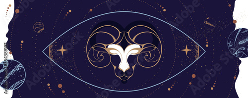 Modern magic witchcraft card with astrology Aries zodiac sign. Ram or mouflon head logo design