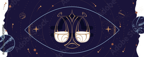 Modern magic witchcraft card with astrology Libra zodiac sign. Scales logo design