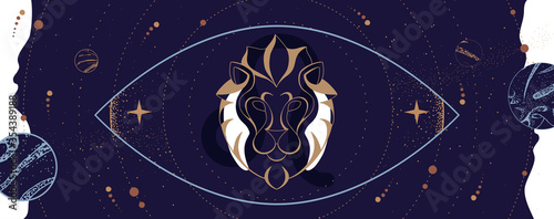 Modern magic witchcraft card with astrology Leo zodiac sign. Lion head logo design