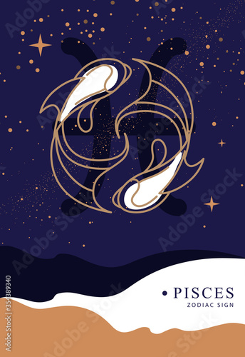 Modern magic witchcraft card with astrology Pisces zodiac sign. Koi fish logo design