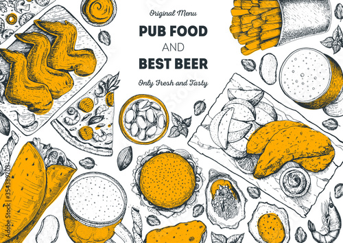 Pub food and beer vector illustration. Beer, meat, fast food and snacks hand drawn. Food set for pub menu design, top view. Vintage engraved illustration for beer restaurant.