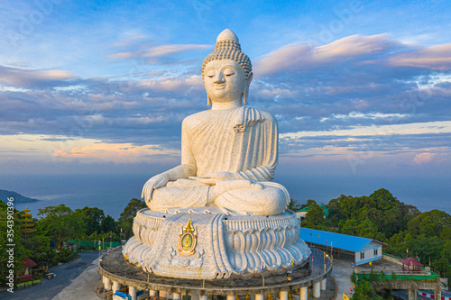 aerial view blue sky and blue ocean are on the back of Phuket Big Buddha statue..white Phuket big Buddha is the one of landmarks on Phuket island..