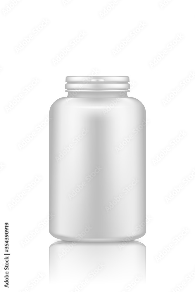 Supplement or medicine pills plastic bottle mockup isolated on white background. Package design. Blank medicine, sport nutrition, healthcare template. 3d realistic vector illustration Supplement or medicine pills plastic bottle mockup isolated on white background. Package design. Blank medicine, sport nutrition, healthcare template. 3d realistic vector illustration