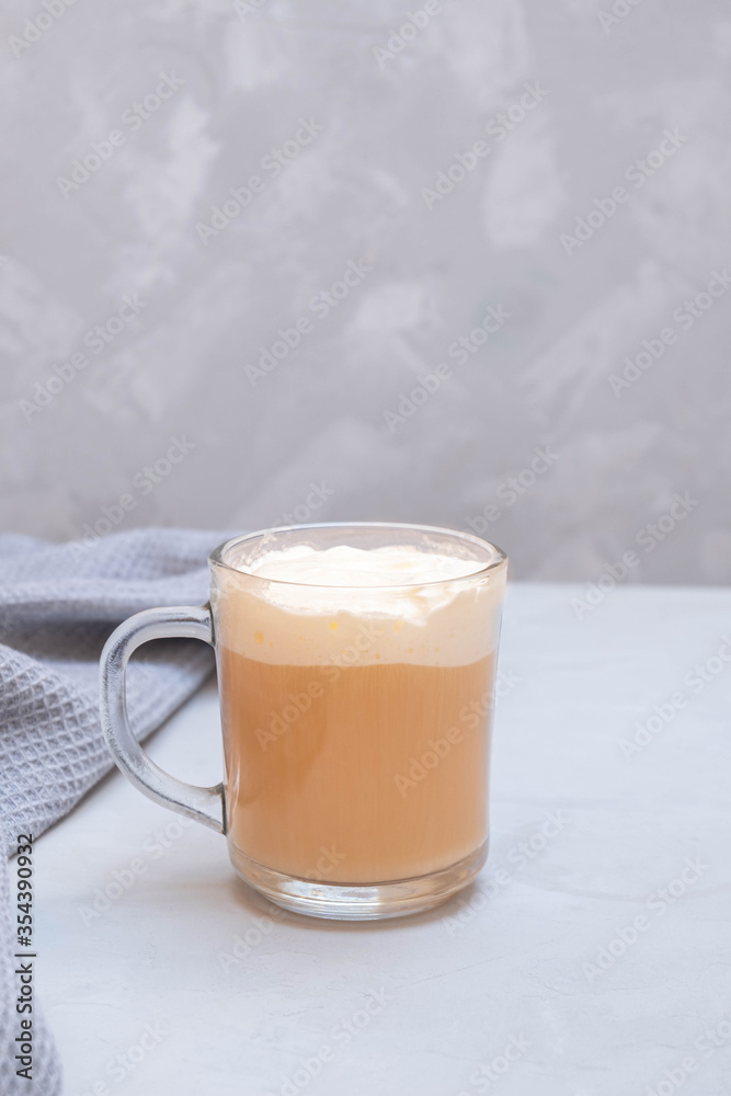 Black tea with whipped cream cheese foam, copy space Black tea with whipped cream cheese foam, copy space