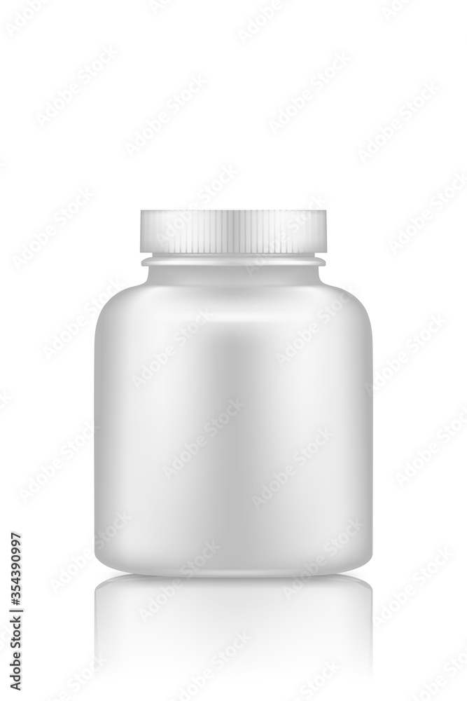Medicine pills or supplement plastic bottle mockup isolated on white background. Package design. Blank medicine, sport or dietary nutrition, healthcare template. 3d realistic vector illustration Medicine pills or supplement plastic bottle mockup isolated on white background. Package design. Blank medicine, sport or dietary nutrition, healthcare template. 3d realistic vector illustration