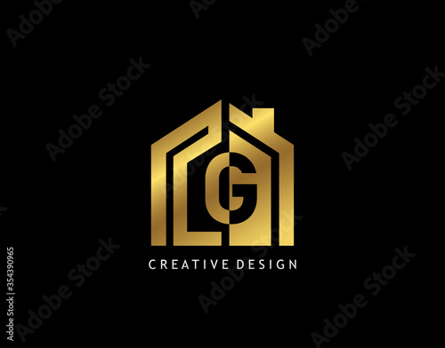 Golden G Letter Logo. Minimalist gold house shape with negative G letter, Real Estate Building Icon Design.