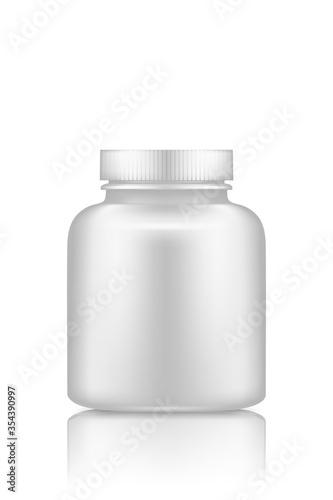 Medicine pills or supplement plastic bottle mockup isolated on white background. Package design. Blank medicine, sport or dietary nutrition, healthcare template. 3d realistic vector illustration