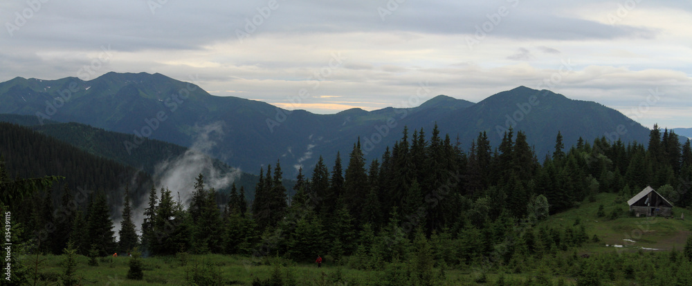 Carpathian forest in the fog. Ukrainian Carpathian Mountains, Marmarosy, Ukraine. Hiking travel outdoor concept mountain panoramic view.