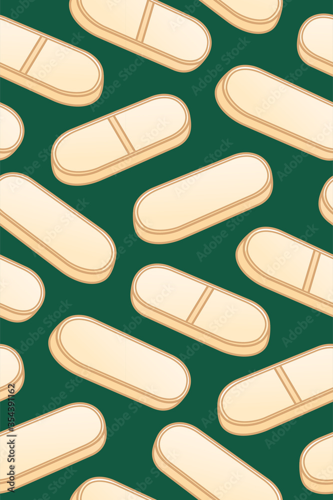 Flat style oval beige pills seamless pattern on green background Flat style oval beige pills seamless pattern on green background