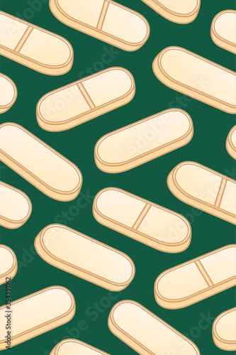 Flat style oval beige pills seamless pattern on green background