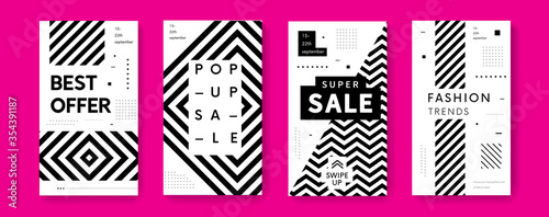 Trendy geometric template for social networks stories. Modern sale promo banner for phone app vector design. Best discount offer poster.