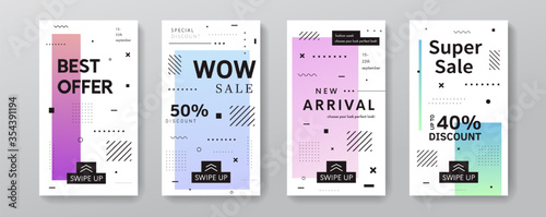 Trendy sale stories for social networks templates. Geometric promo banners for phone app. Modern offer posters set. photo