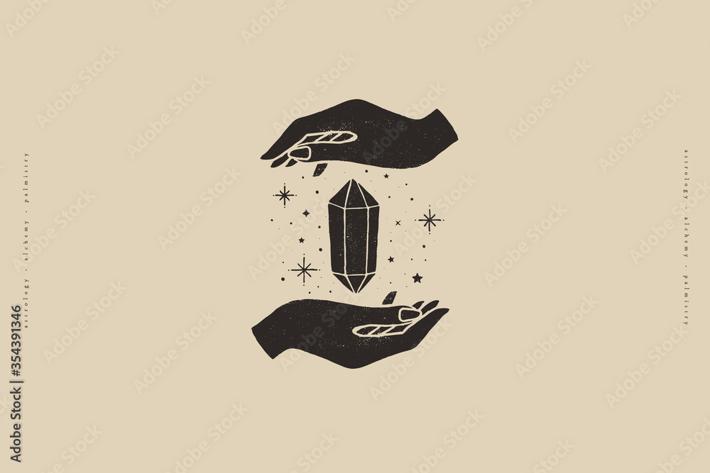 Magic crystal sparkles and hovers in hands. Magic quartz stone in a trendy minimalist style. Mystical retro symbols for spiritual practices of ethnic magic and astrological rites. Sketch tattoo. Stock Vector | Magic crystal sparkles and hovers in hands. Magic quartz stone in a trendy minimalist style. Mystical retro symbols for spiritual practices of ethnic magic and astrological rites. Sketch tattoo. Stock Vector |