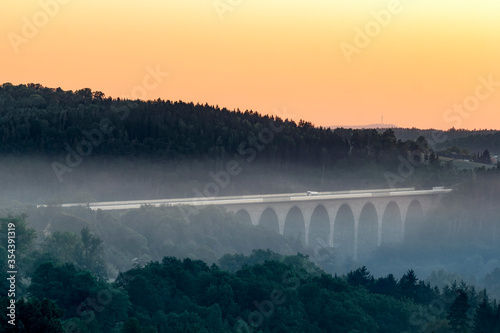 Sonnenaufgang im Elstertal mit Blick zur Autobahnbrücke Pirk photo