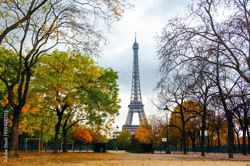 Eiffel Tower and Champ de Mars park in autumn  Paris  France