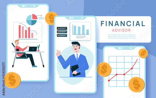 Financial advisor giving advice on investment money, market analysis, management, planning. Professional financial advisor for web banner, interface, infographics. Vector illustration.