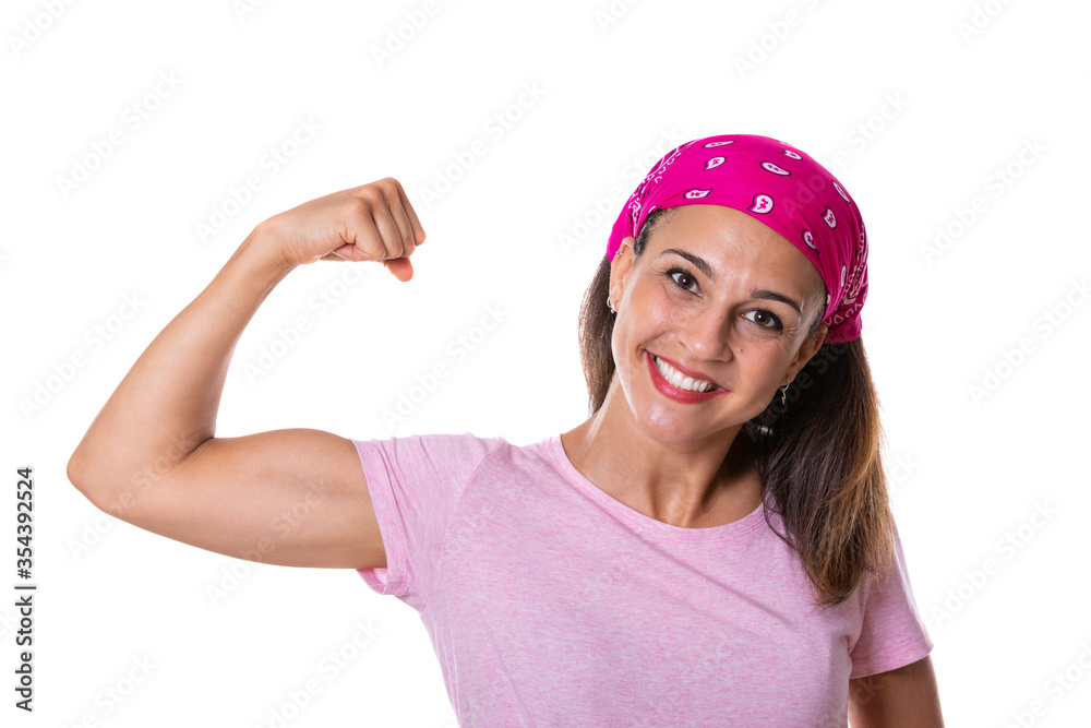 brave and pretty young woman with pink headscarf and smiling pink T-shirt on white background brave and pretty young woman with pink headscarf and smiling pink T-shirt on white background