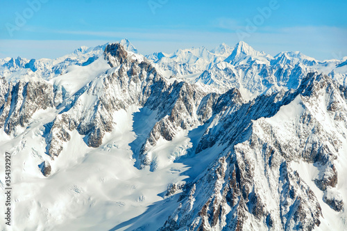 Aerial view of Chamonix valley mountains Montblanc in France in winter