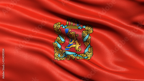 Flag of Krasnoyarsk Krai waving in the wind. 3D illustration.
