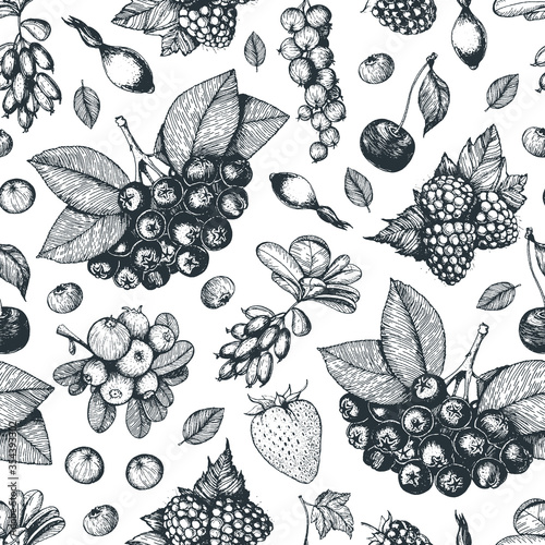 Berry hand drawn seamless pattern. Hand drawn sketch vector illustration with currant , cherry, raspberry, strawberry, chokeberry. Food design template with berry