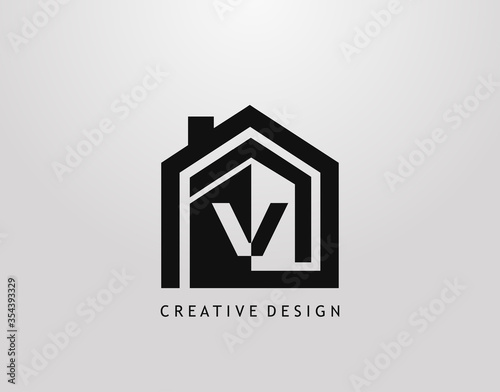 V Letter Logo. Minimalist house shape with negative V letter, Real Estate Building Icon Design.