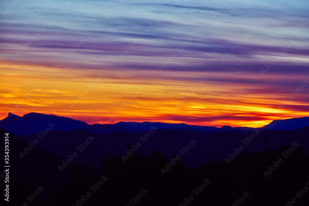scenery purple and orange sunset sky, breathtaking landscape view