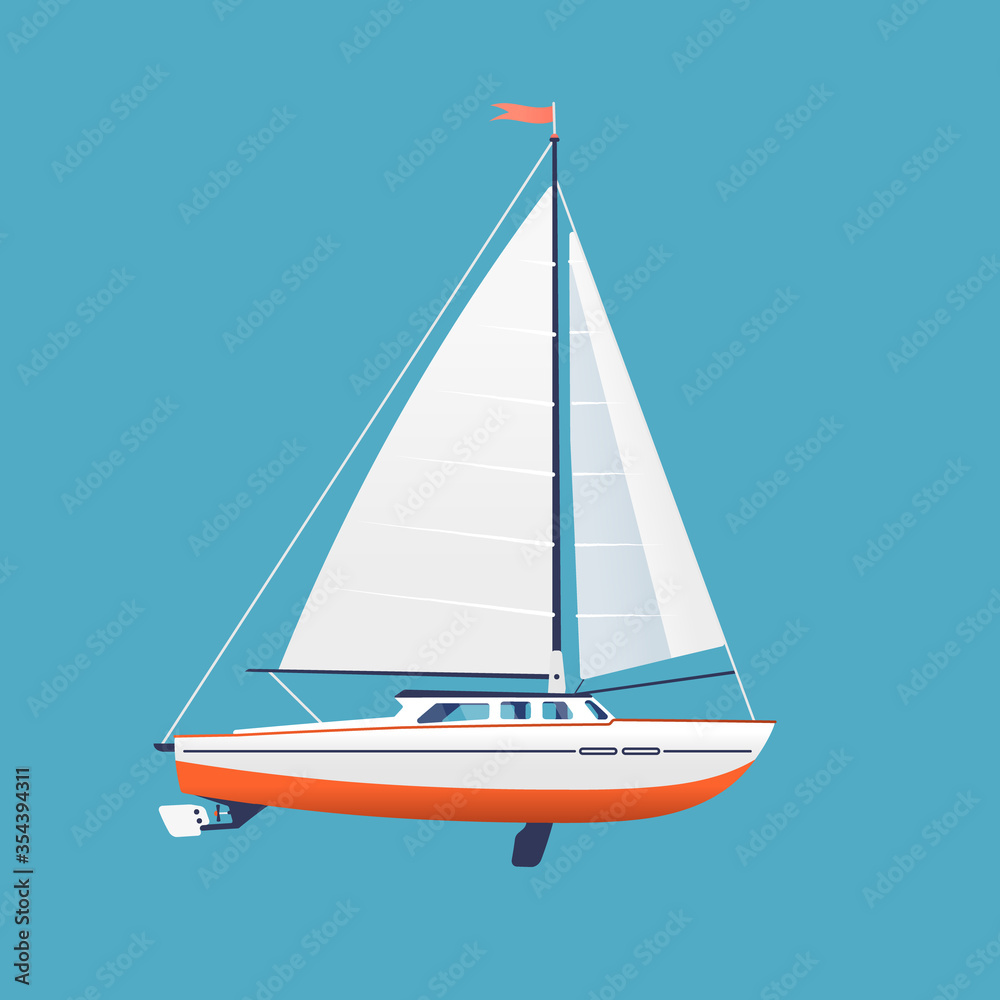Sailing yacht in flat style isolated background. Vector illustration.