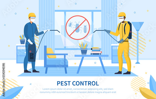 Two workers doing Pest Control in a home with tanks and sprayers with a pest eradication icon in the centre, colored vector illustration photo