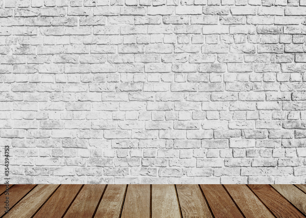 White brick wall  over plank wooden  background.  can be used for montage or display your products