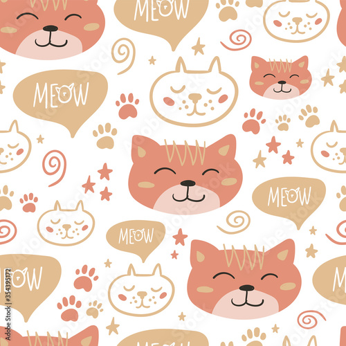 Wallpaper Mural Vector seamless pattern design. Cute and funny cats isolated on the white background. Trendy animals in caps and glasses. Creative childish pink texture. Great for fabric, textile. Torontodigital.ca