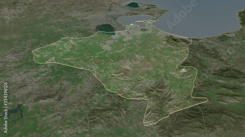 Ben Arous , governorate with its capital, zoomed and extruded on the satellite map of Tunisia in the conformal Stereographic projection. Animation 3D photo