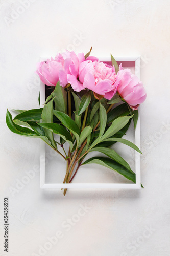 Fototapeta Naklejka Na Ścianę i Meble -  Pink peony Flowers in a frame on a bright background. Top view. Flat lay