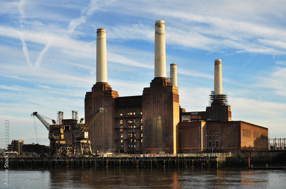 Battersea Power Station on the bank of the Thames, London, England