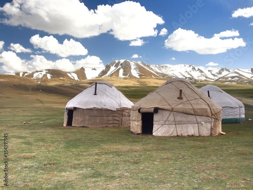 The ger camp in a large meadow at Song kul lake   Naryn of Kyrgyzstan