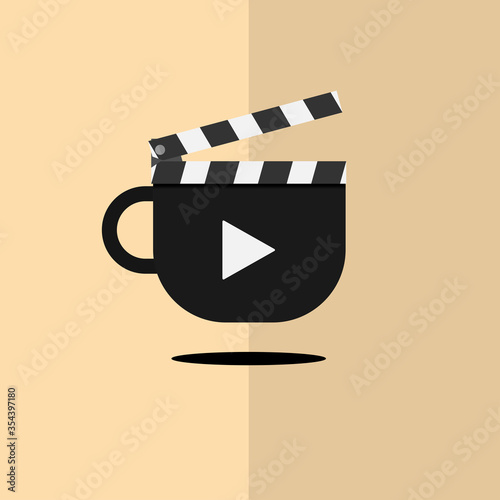 Abstract Clapperboard and play button on coffee cup flat vector design isolated on background. Concept of life style.