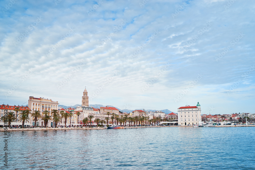 Travel by Croatia. Beautiful landscape with Split Old Town on sea promenade.