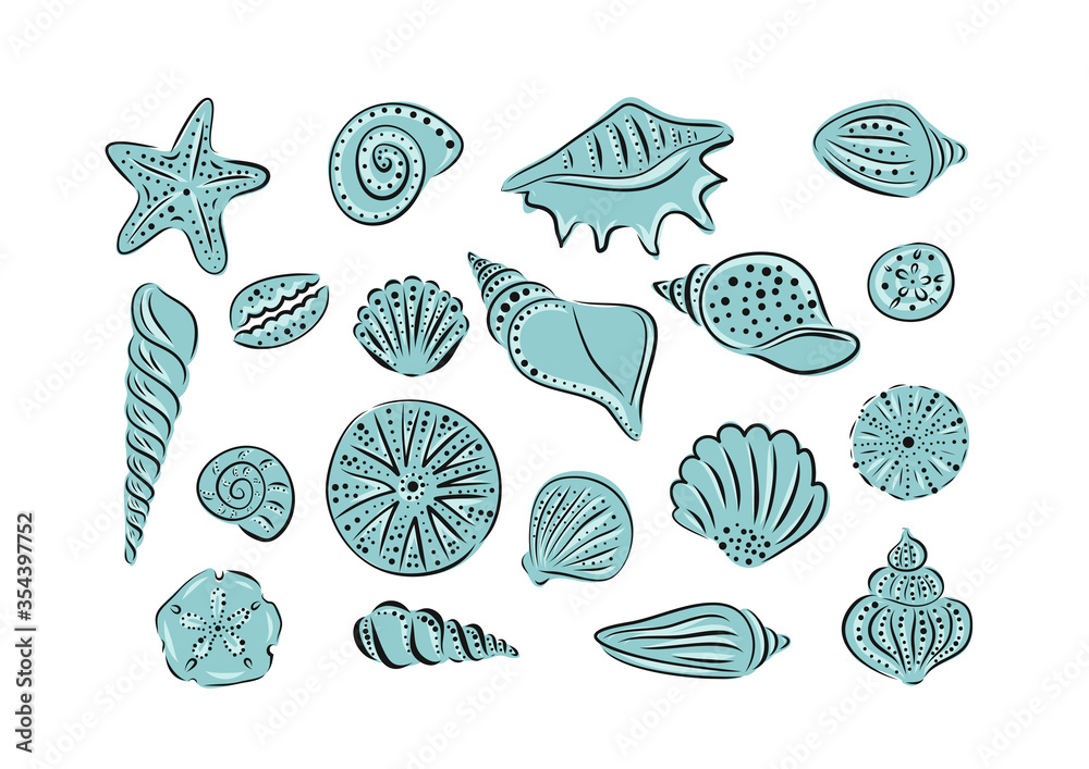 Hand drawn set of various seashell and starfish. Vector art illustration. Hand drawn set of various seashell and starfish. Vector art illustration.
