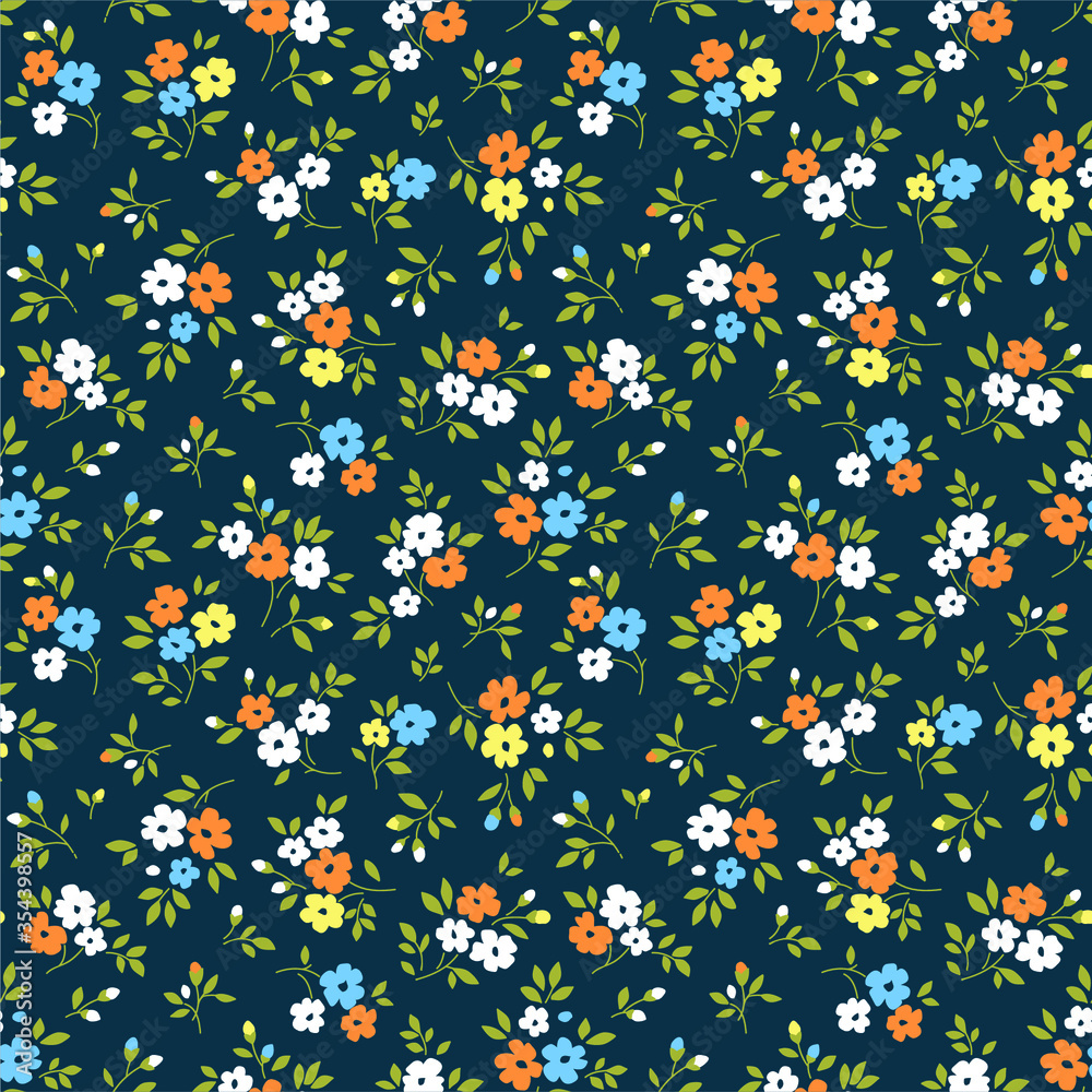Floral pattern. Pretty flowers on dark blue background. Printing with small white, yellow and blue flowers. Ditsy print. Seamless vector texture. Spring bouquet.