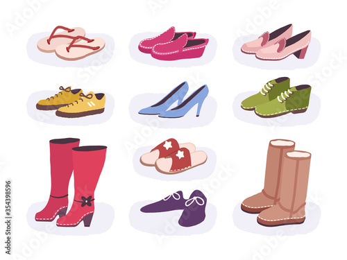 Footwear flat colored icons set of male
and female shoes. Boots for different
seasons. Isolated flat style vector
illustration