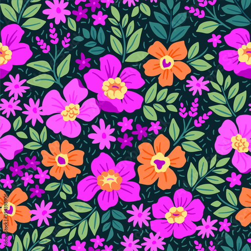 Trendy seamless vector floral pattern. Endless print made of small colorful flowers  leaves and berries. Summer and spring motifs. Vector illustration.