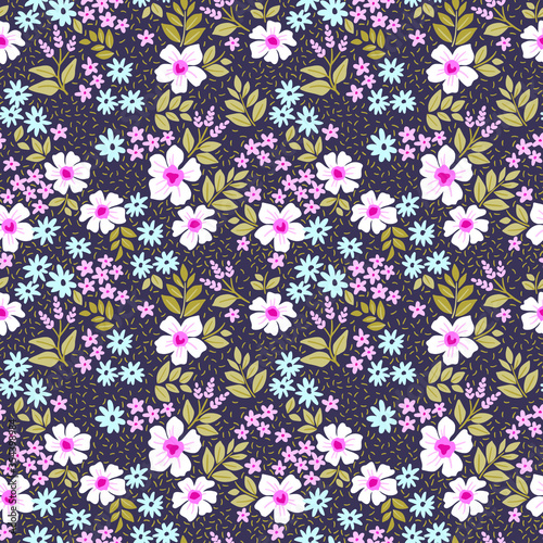 Simple cute pattern in small white and light blue flowers on violet background. Liberty style. Ditsy print. Floral seamless background. The elegant the template for fashion prints.