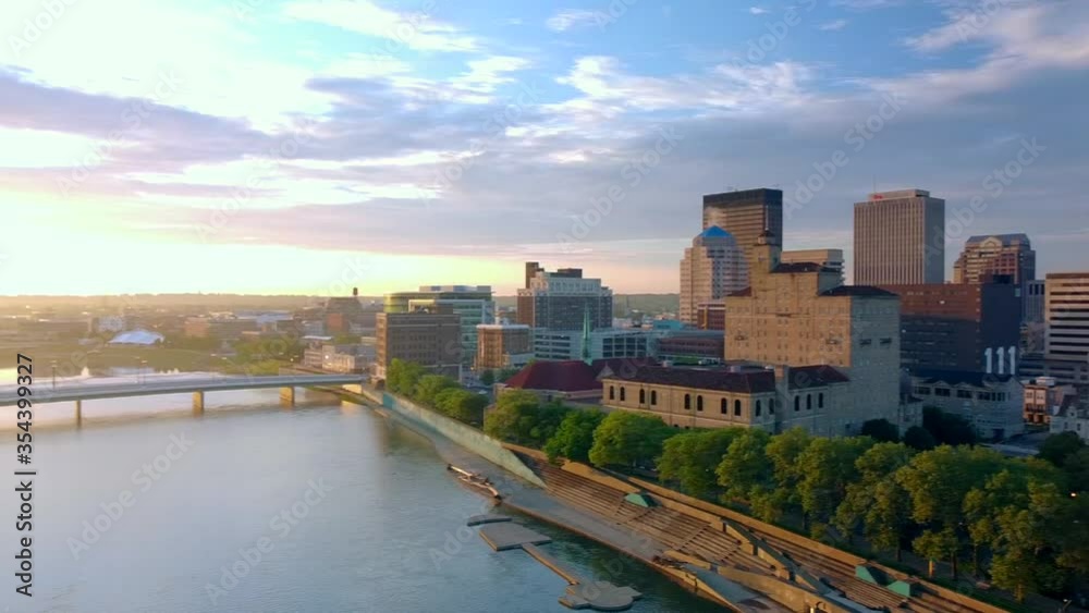 Pan down and away from Dayton flying drone. Drone sunrise over dayton ohio