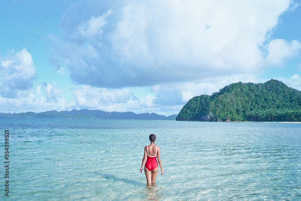 Vacation on the seashore. Back view of young woman enjoying the view of the beautiful tropical white sand beach.